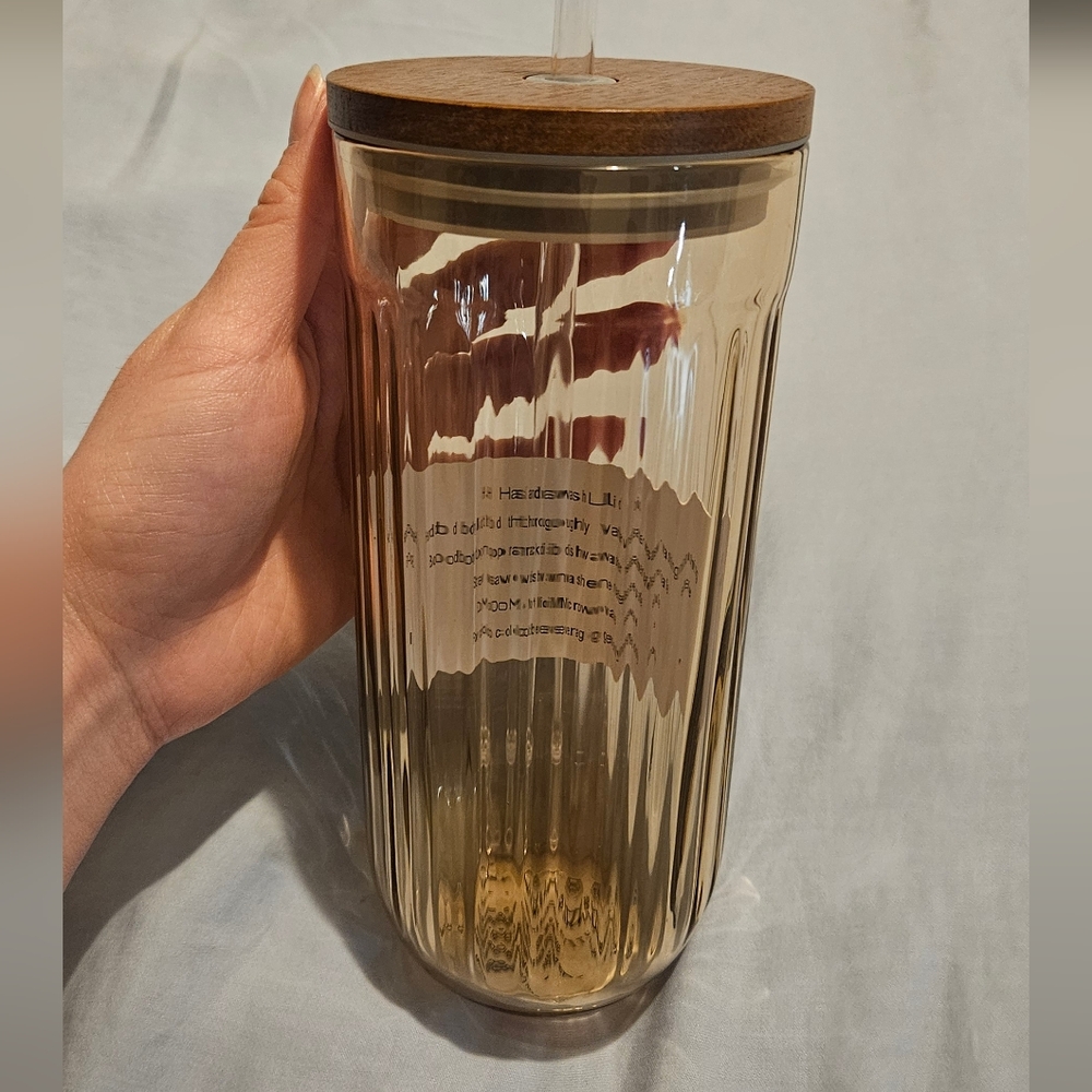21oz Fluted Glass Tumbler with Wood Lid Beige - Hearth & Hand™ with Magnolia
